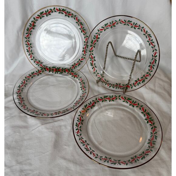 Vintage Salad Plates Arcoroc Glass Christmas Gold Rim 8 inch Set of 4 - Picture 2 of 6